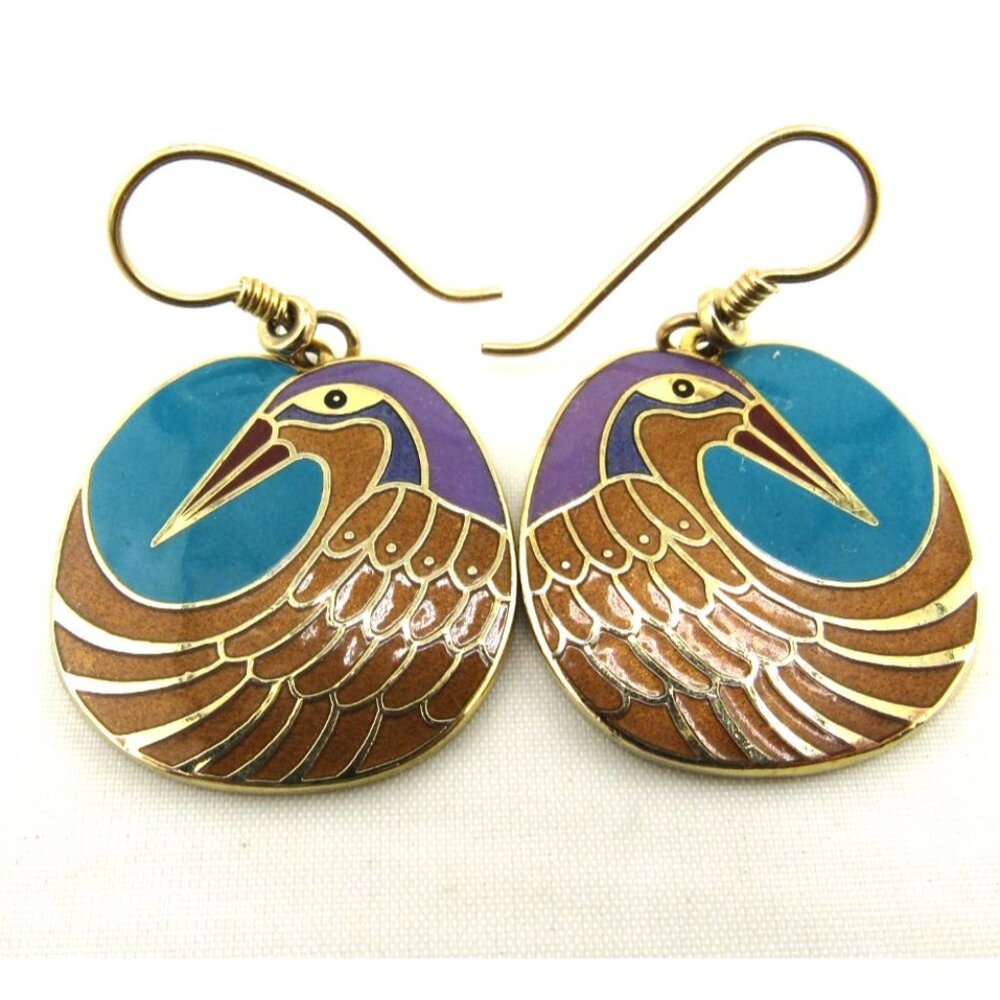 VTG 1980 Bright Nile Bird Signature Laurel Burch Earring Inlaid enamel Gold tone